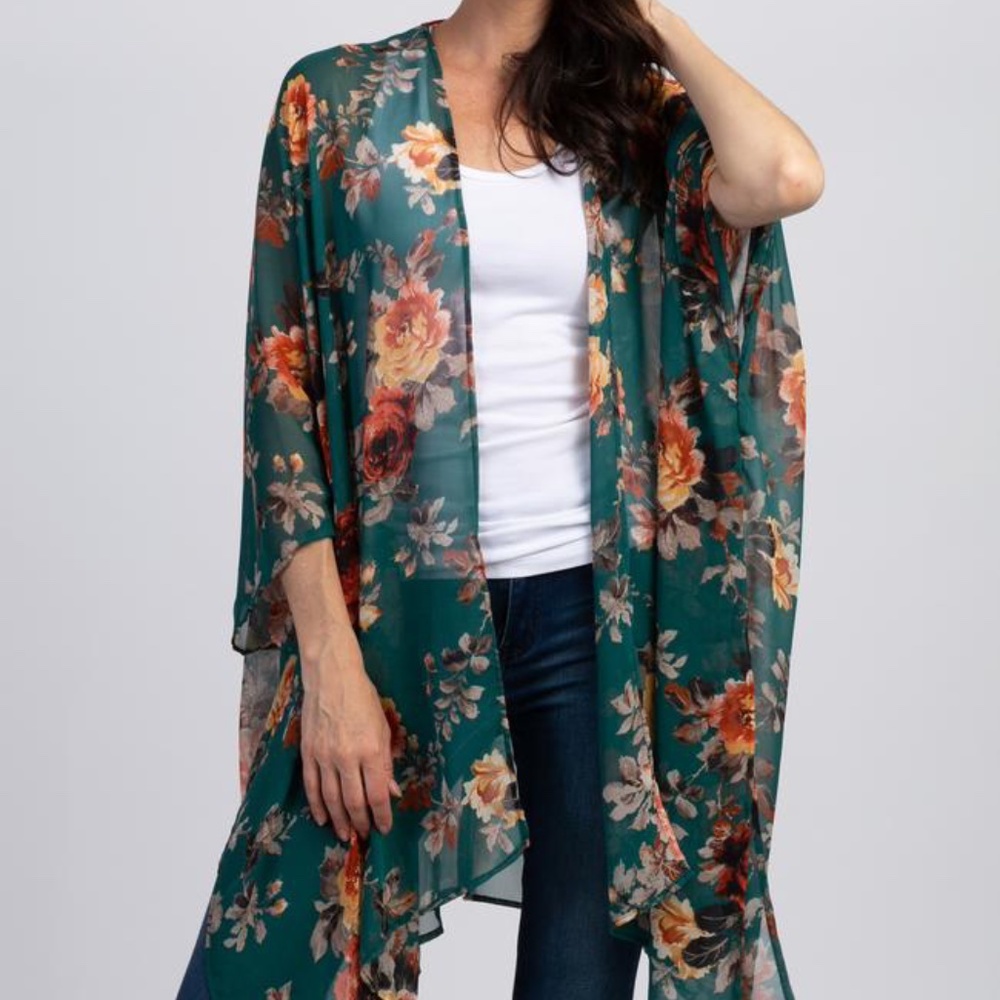 Green Floral Chiffon Draped Front Cover-Up